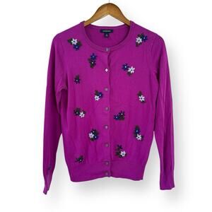 Lands End Cardigan Womens Small 6-8 Purple Floral Embroidered Button Up Sweater